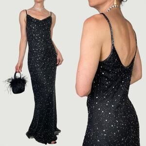 Sue Wong Nocturne beaded cocktail dress long maxi gown prom sequin cowl neck 12